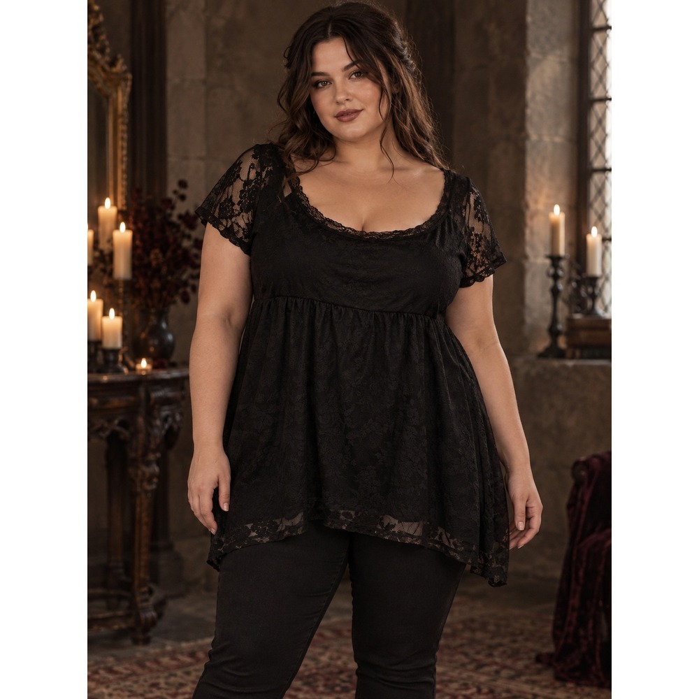 Torrid Lace Babydoll Top Womens 1 Black Dark Romantic Whimsigoth Short Sleeve